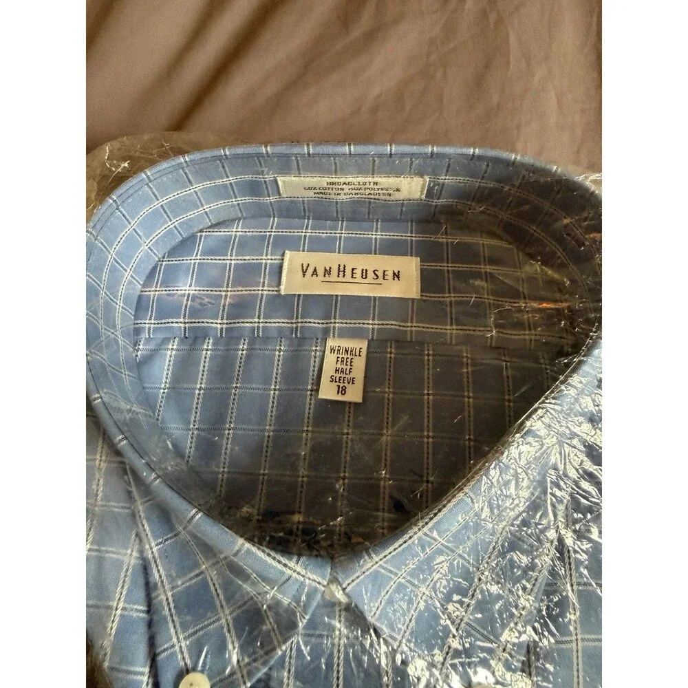 Vintage Van Heusen Mens 18 XXL Short Sleeve Blue Plaid Shirt Deadstock NWT
